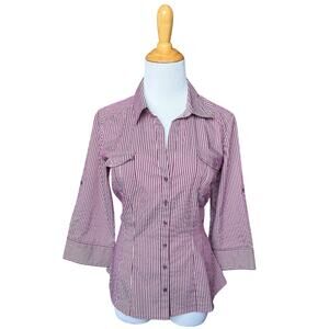 H&M Womens 3/4 Sleeve Cotton Blend Purple Striped Button Up Blouse Career Size 8